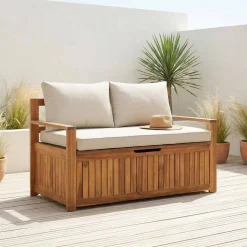 Panca cassapanca da giardino in legno di acacia con cuscino, 110L