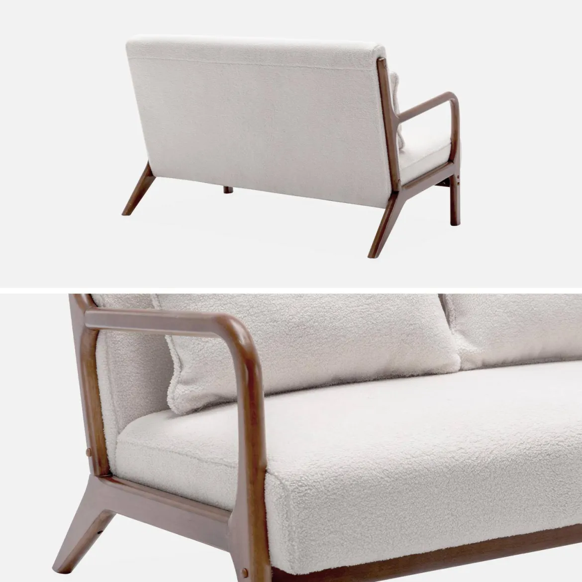 Panca scandinava in legno di hevea tinto noce e bouclé, 2 posti