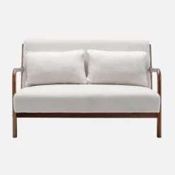 Panca scandinava in legno di hevea tinto noce e bouclé, 2 posti