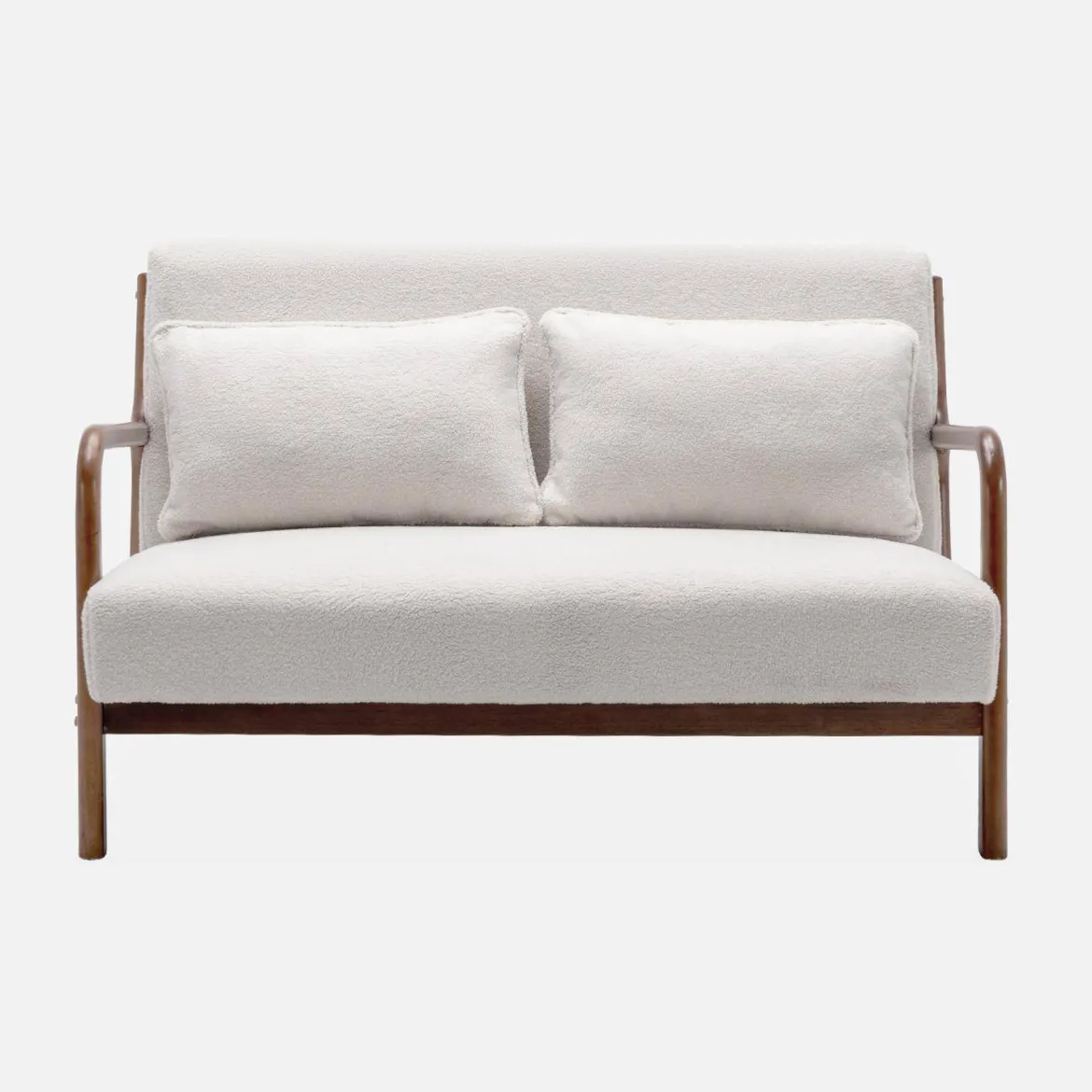 Panca scandinava in legno di hevea tinto noce e bouclé, 2 posti