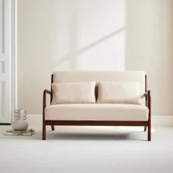 Panca stile scandinavo in legno di hevea e tessuto, 2 posti