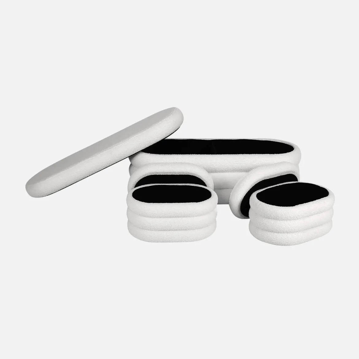 Panca contenitore con 2 pouf contenitori bouclé