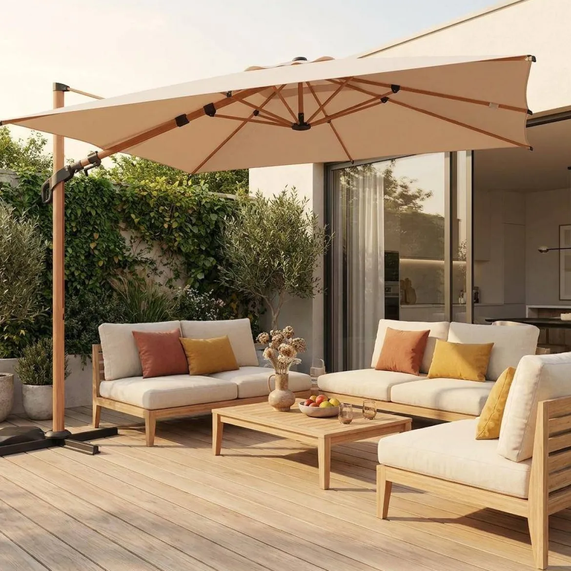 Parasol decentrato 3x3m quadrato, palo effetto legno