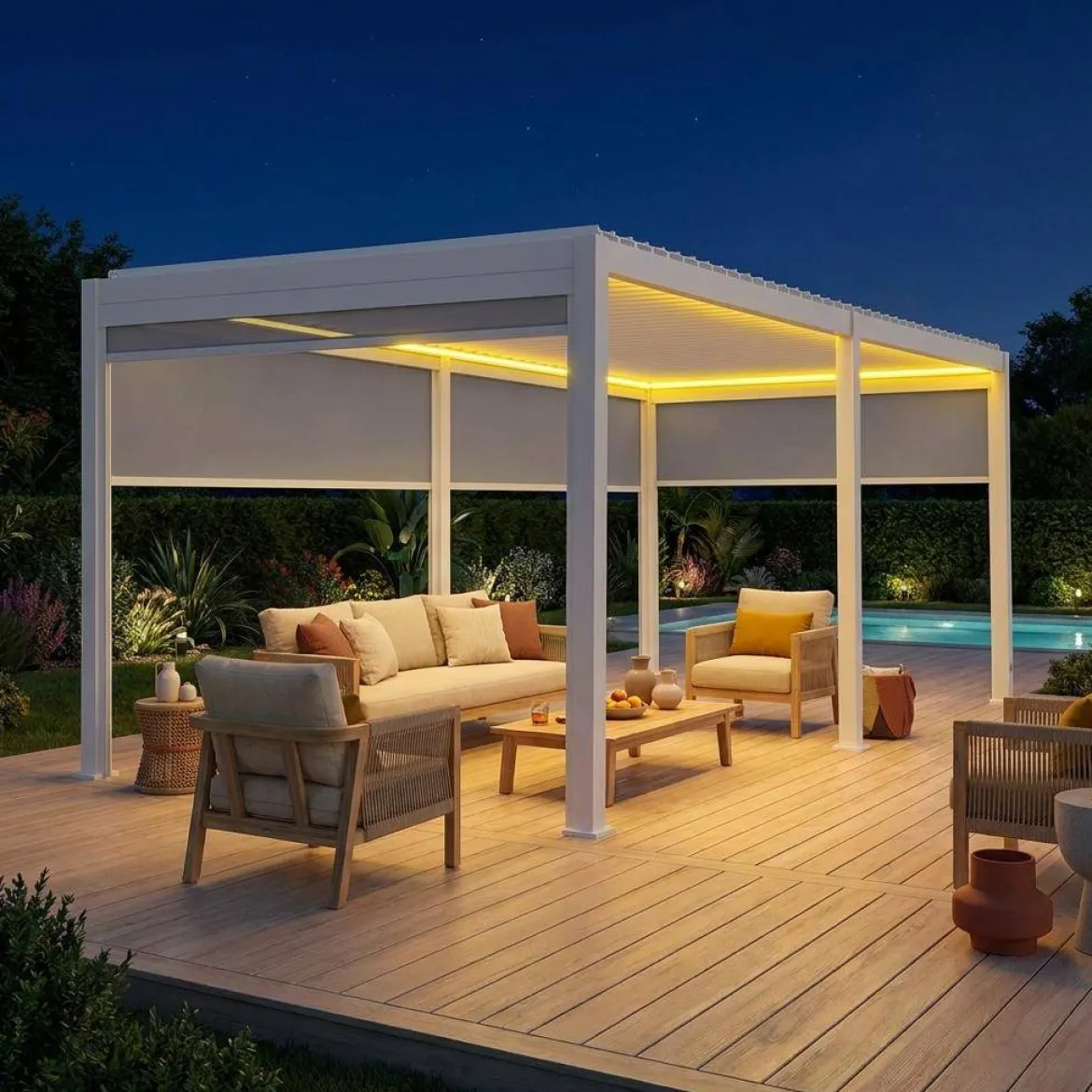 Pergola bioclimatica elettrica 3x6m in alluminio con LED + 4 tende 3m