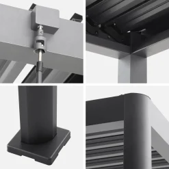 Pergola bioclimatica 3x3 con piedini arrotondati in alluminio e acciaio e lamelle orientabili