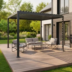 Pergola bioclimatica 3x3 con piedini arrotondati in alluminio e acciaio e lamelle orientabili