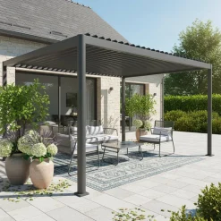 Pergola bioclimatica 3x3m con piedini arrotondati in alluminio e acciaio e lamelle orientabili