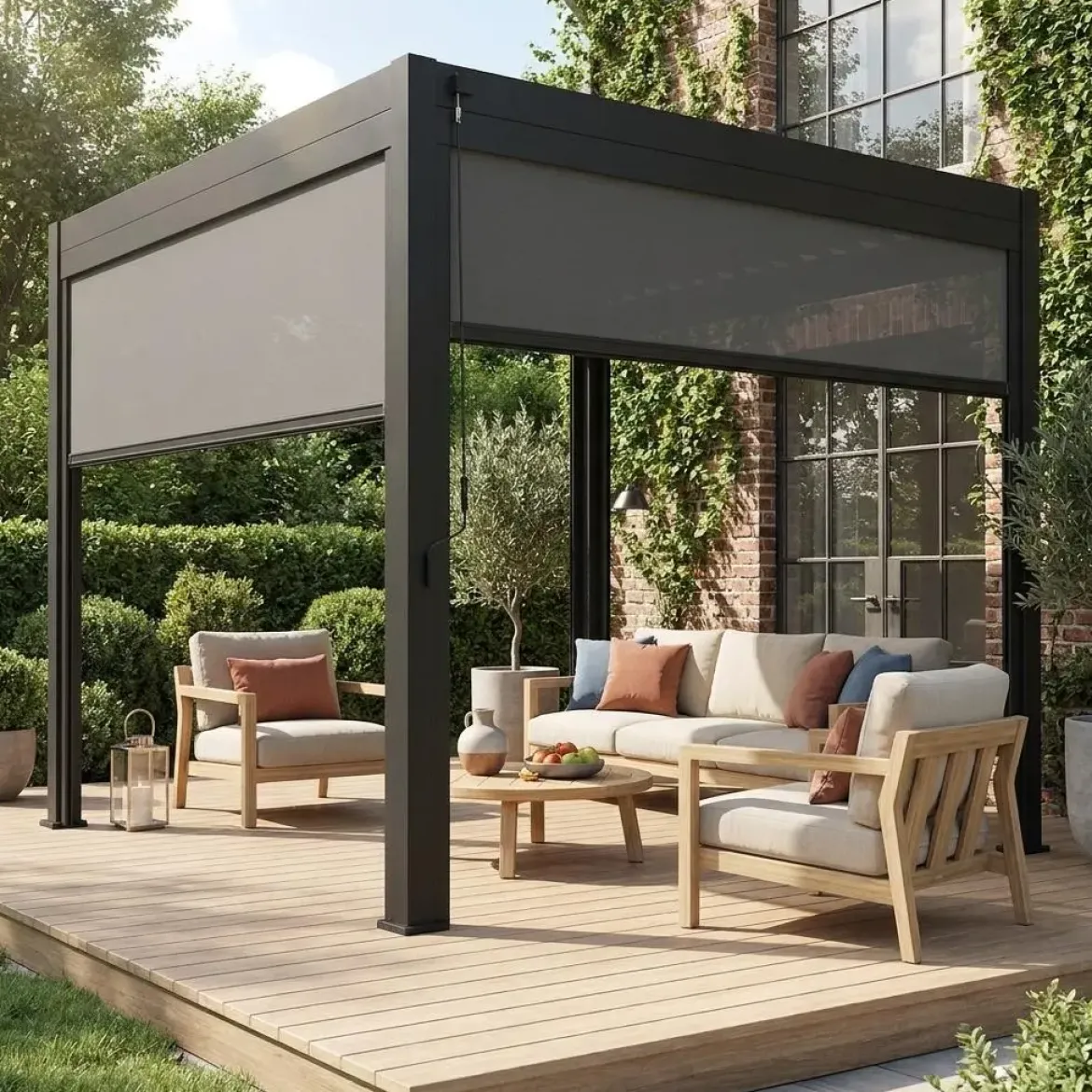 Pergola bioclimatica 3x3m in alluminio V2 + 2 tende da 3m