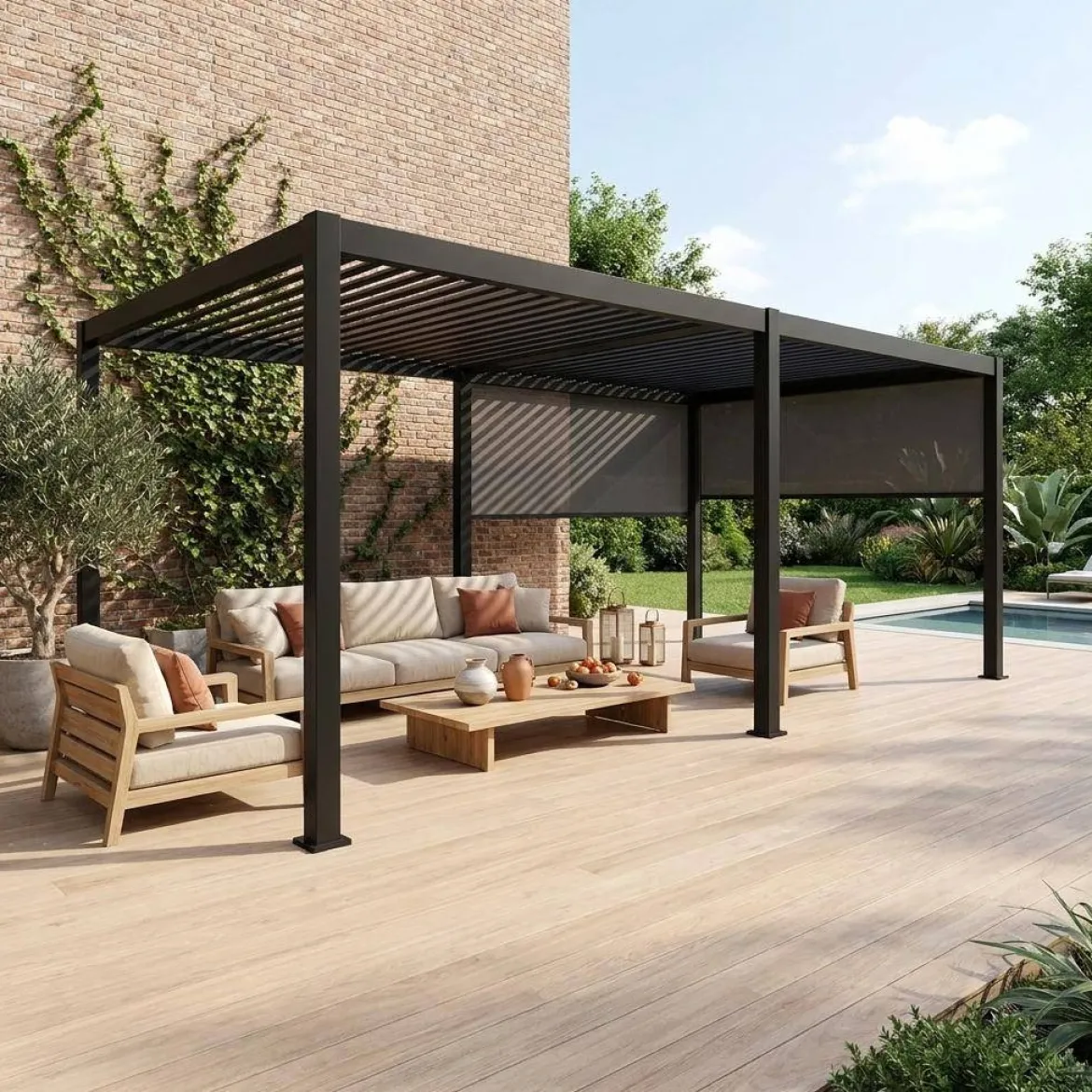 Pergola bioclimatica 3x6m in alluminio + 2 tende 3m
