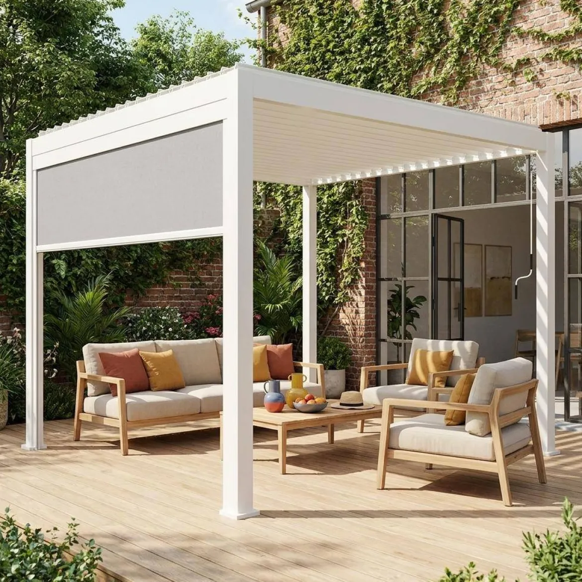 Pergola bioclimatica 3x3m in alluminio V2 + tenda 3m
