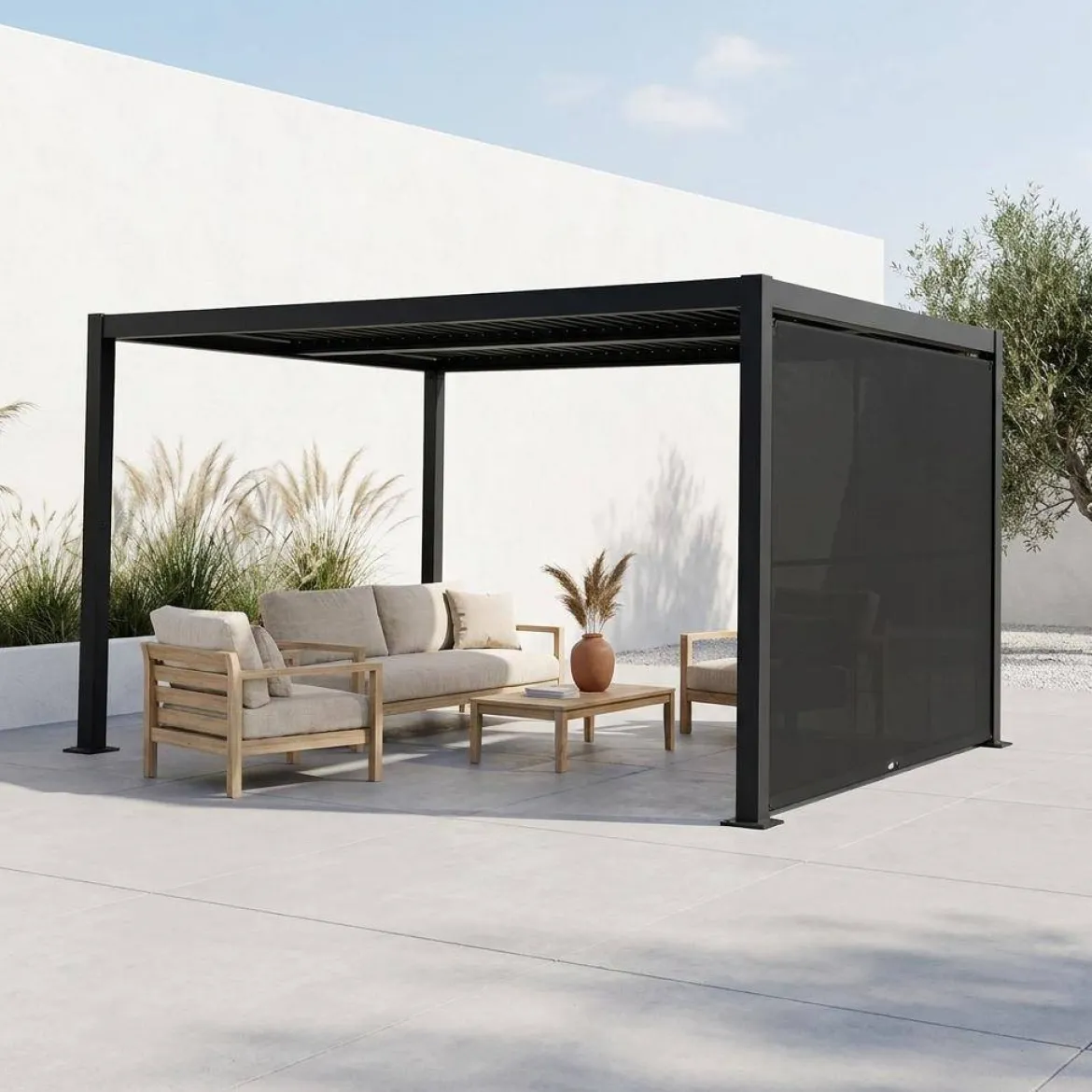 Pergola bioclimatica 3x4m in alluminio e acciaio + tenda 3m