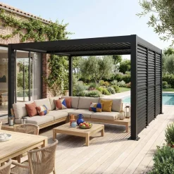Pergola bioclimatica 3x4m in alluminio e acciaio + 3 tende 1m con lamelle orientabili