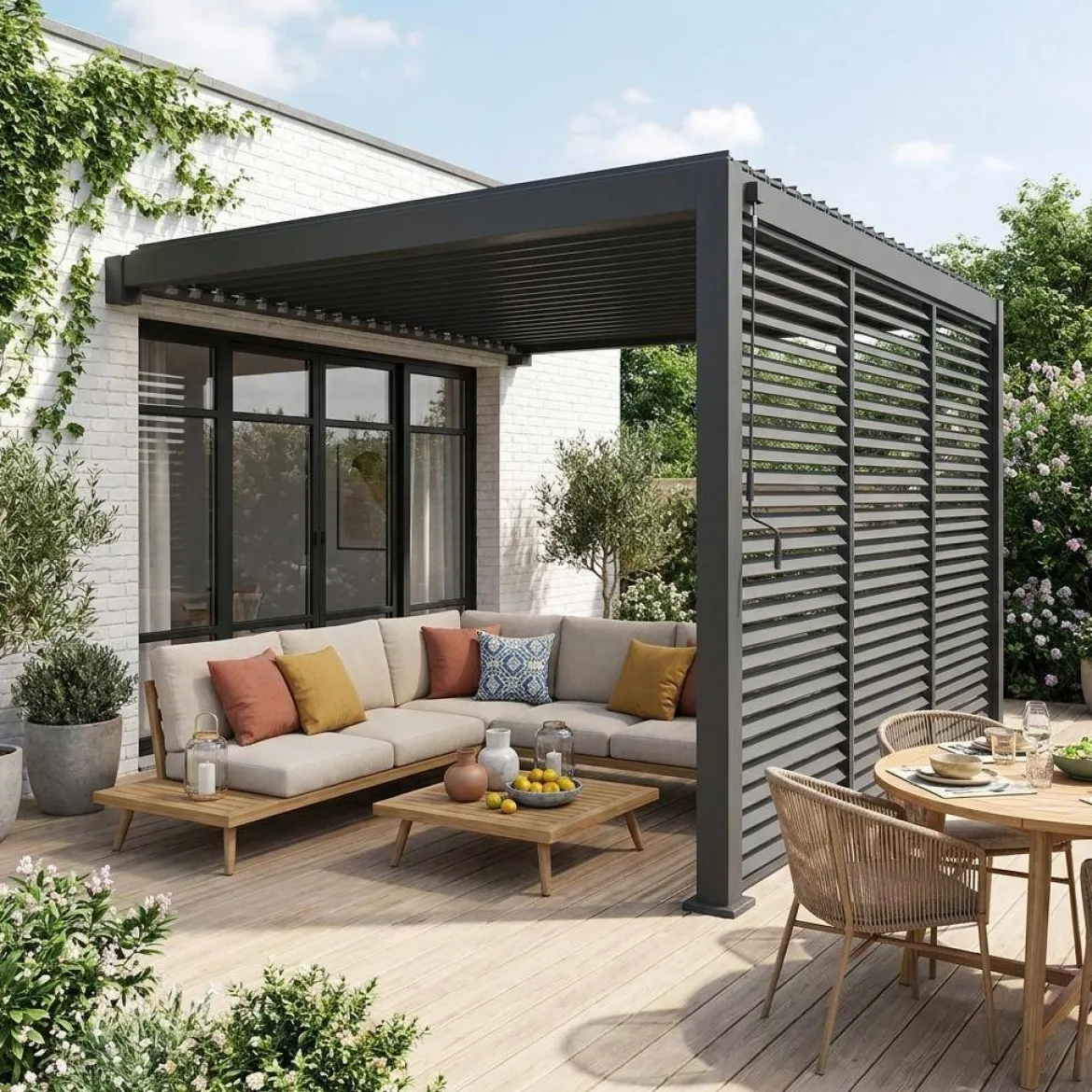 Pergola bioclimatica 3x4m in alluminio addossata + 3 persiane 1.3m