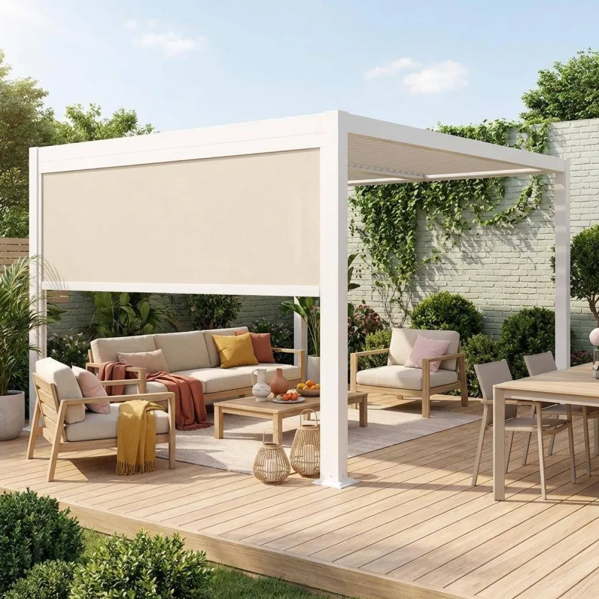 Pergola bioclimatica 3x3m in alluminio e acciaio + tenda 3m