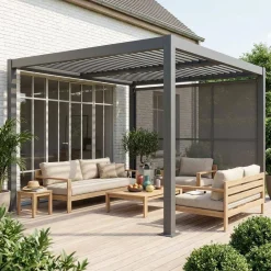 Pergola bioclimatica 3x3m in alluminio e acciaio + tenda 3m