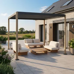 Pergola bioclimatica 3x3 con piedini arrotondati in alluminio e acciaio e lamelle orientabili