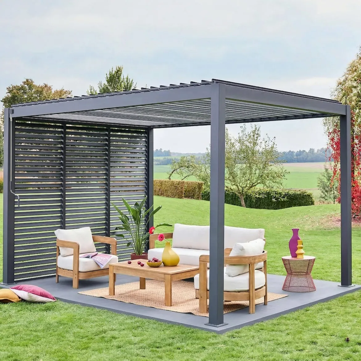 Pergola bioclimatica 3x4 in alluminio + 3 tende da 1m