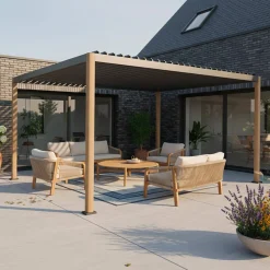 Pergola bioclimatica 3x3m con piedini arrotondati in alluminio e acciaio e lamelle orientabili