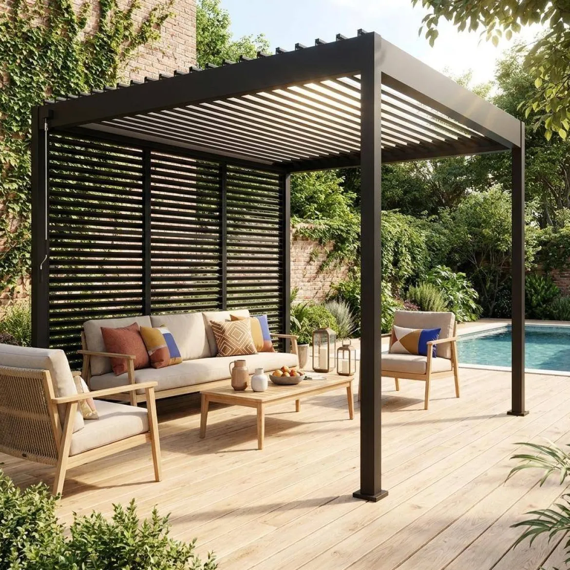 Pergola bioclimatica 3x3m in alluminio con lamelle orientabili V2 + 3 persiane