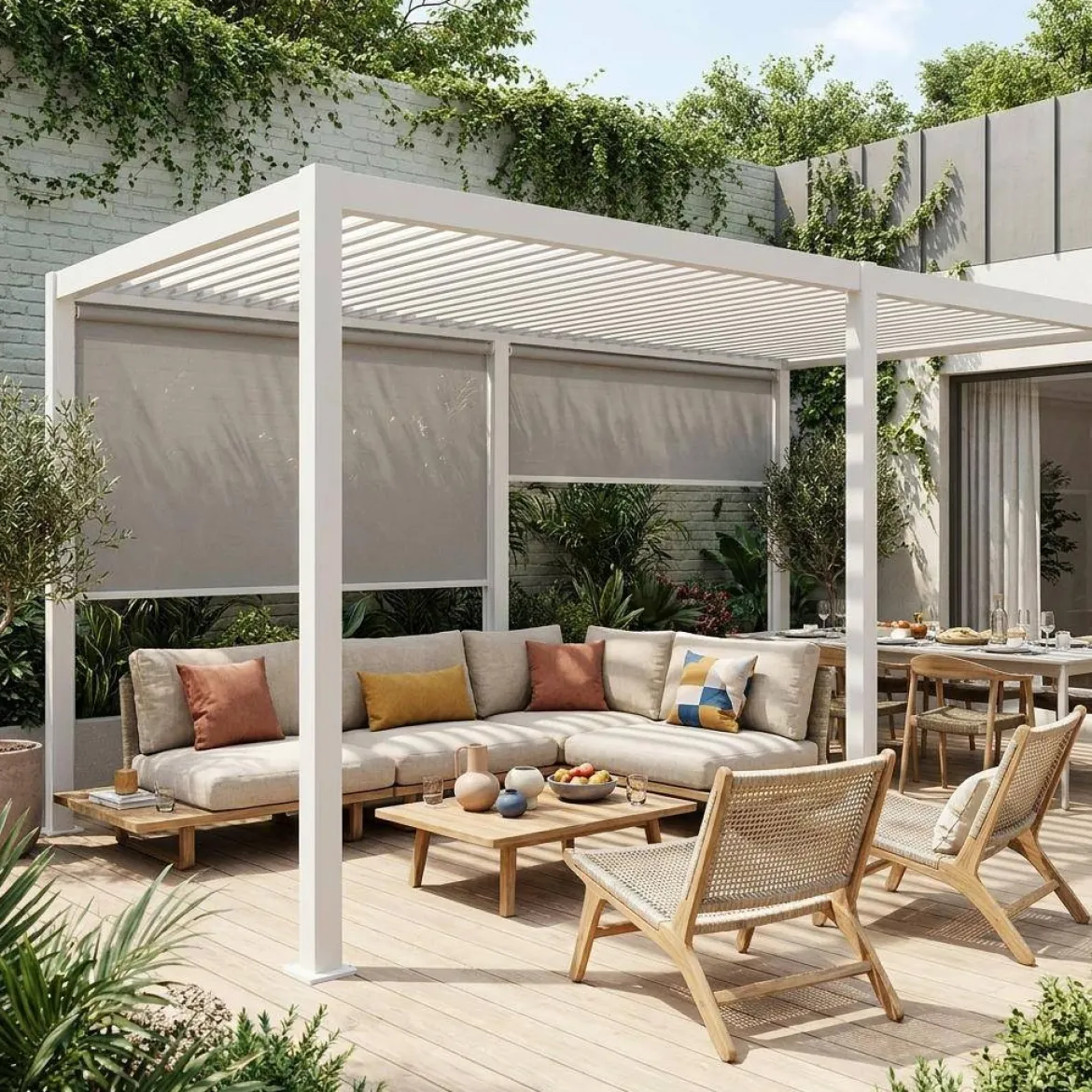 Pergola bioclimatica 3x6m in alluminio + 2 tende 3m