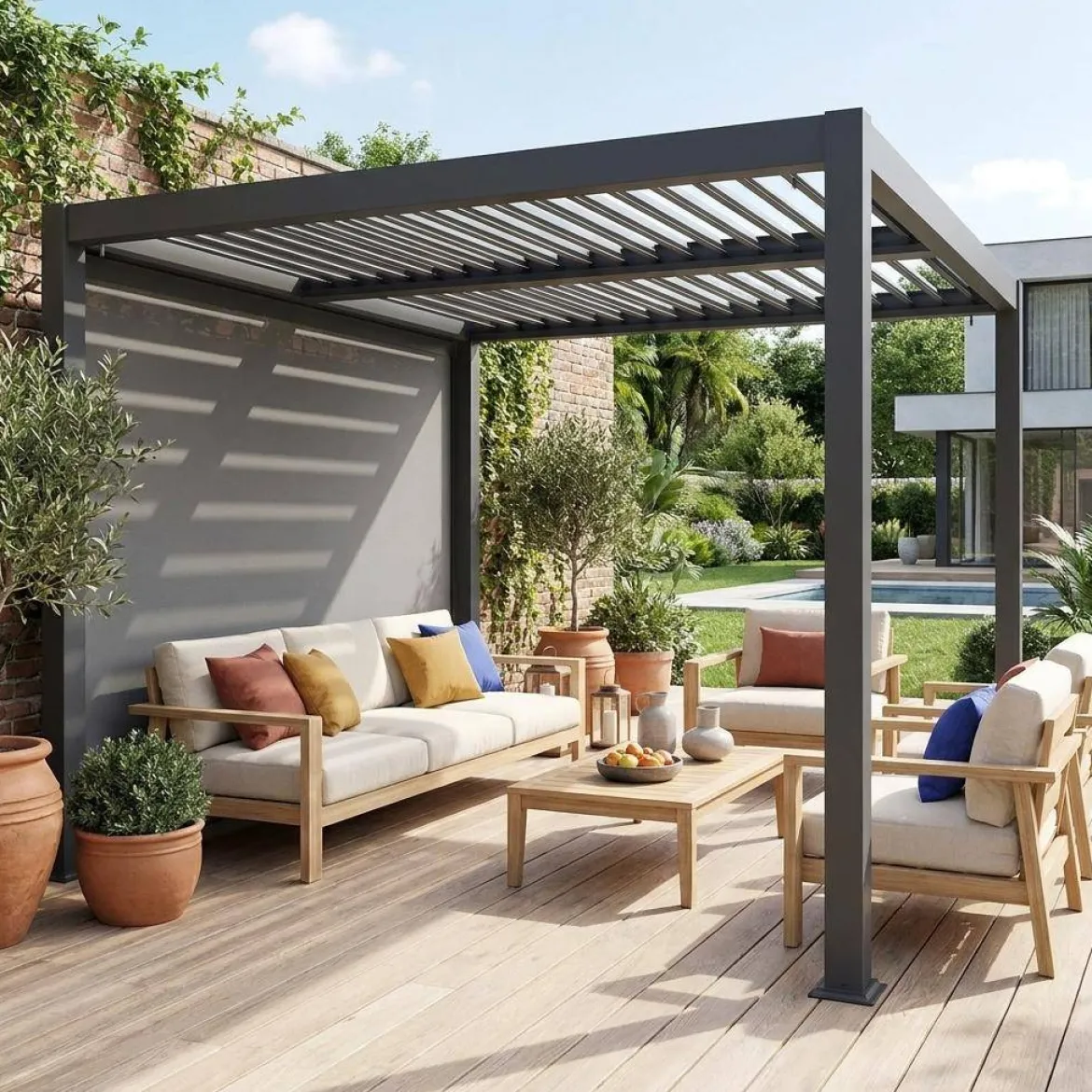 Pergola bioclimatica 3x3m in alluminio e acciaio + tenda 3m