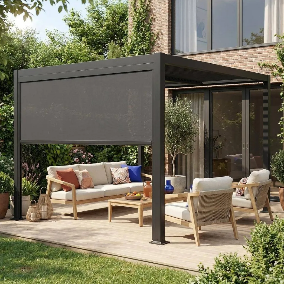 Pergola bioclimatica 3x3m in alluminio e acciaio + tenda 3m