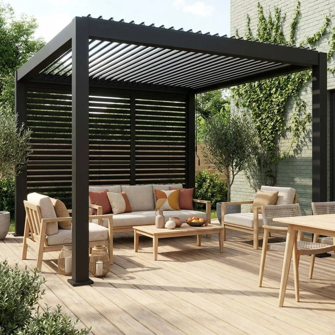 Pergola bioclimatica 3x4m in alluminio + 3 persiane 1m lamelle orientabili