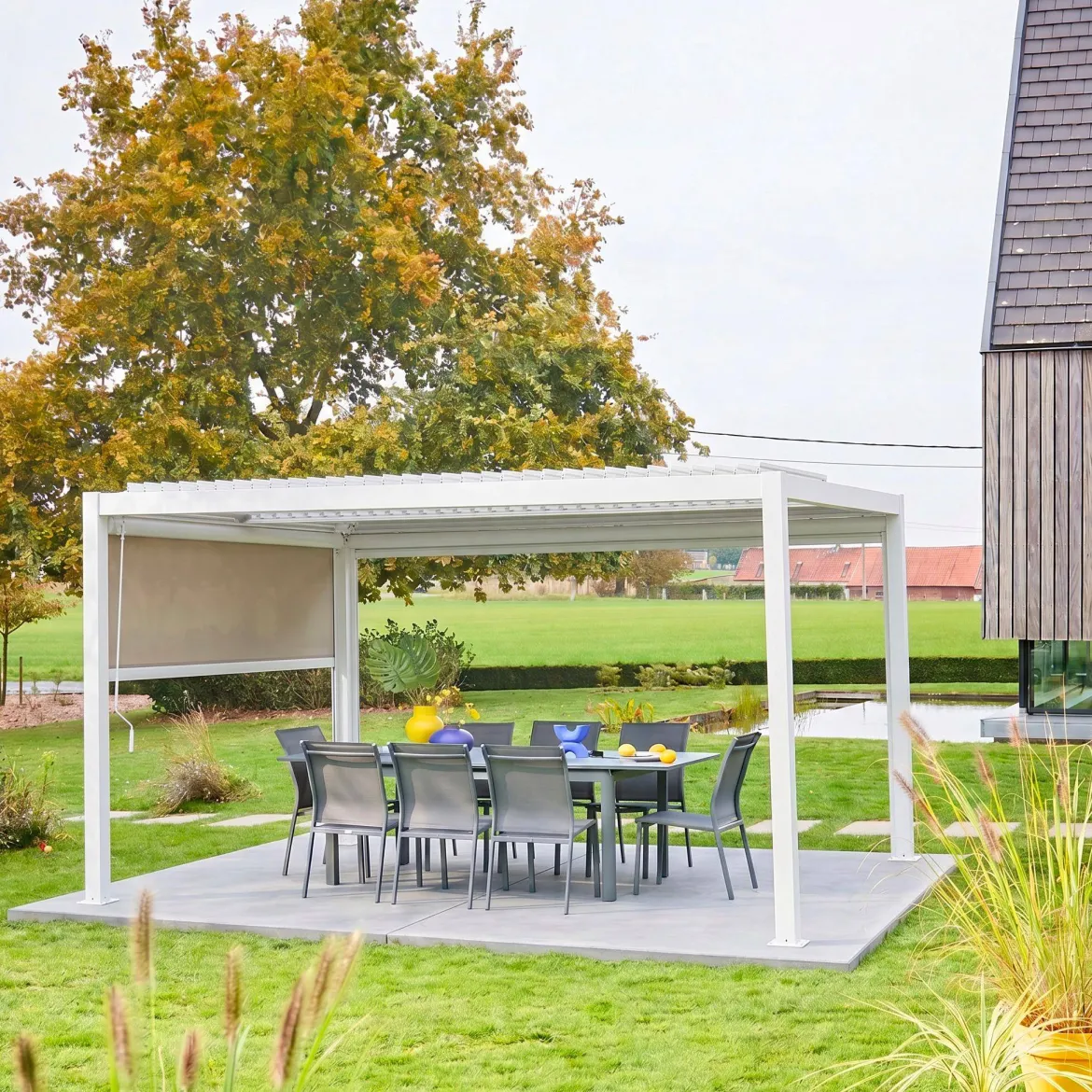 Pergola bioclimatica 3x4m in alluminio e acciaio + tenda 3m