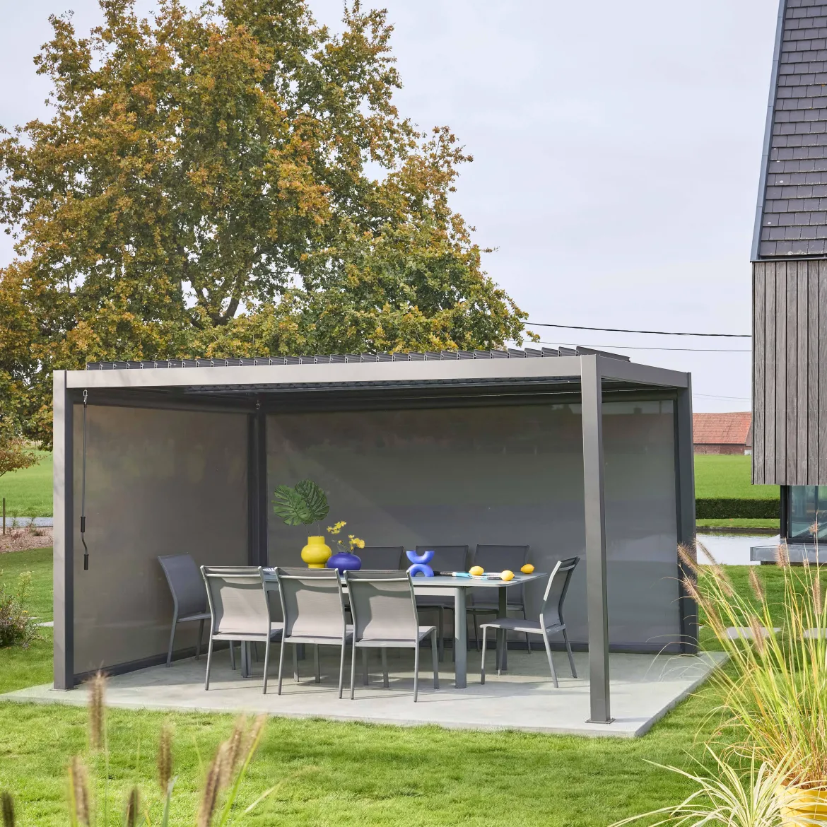Pergola bioclimatica 3x4m in alluminio e acciaio + 1 tenda 3m + 1 tenda 4m