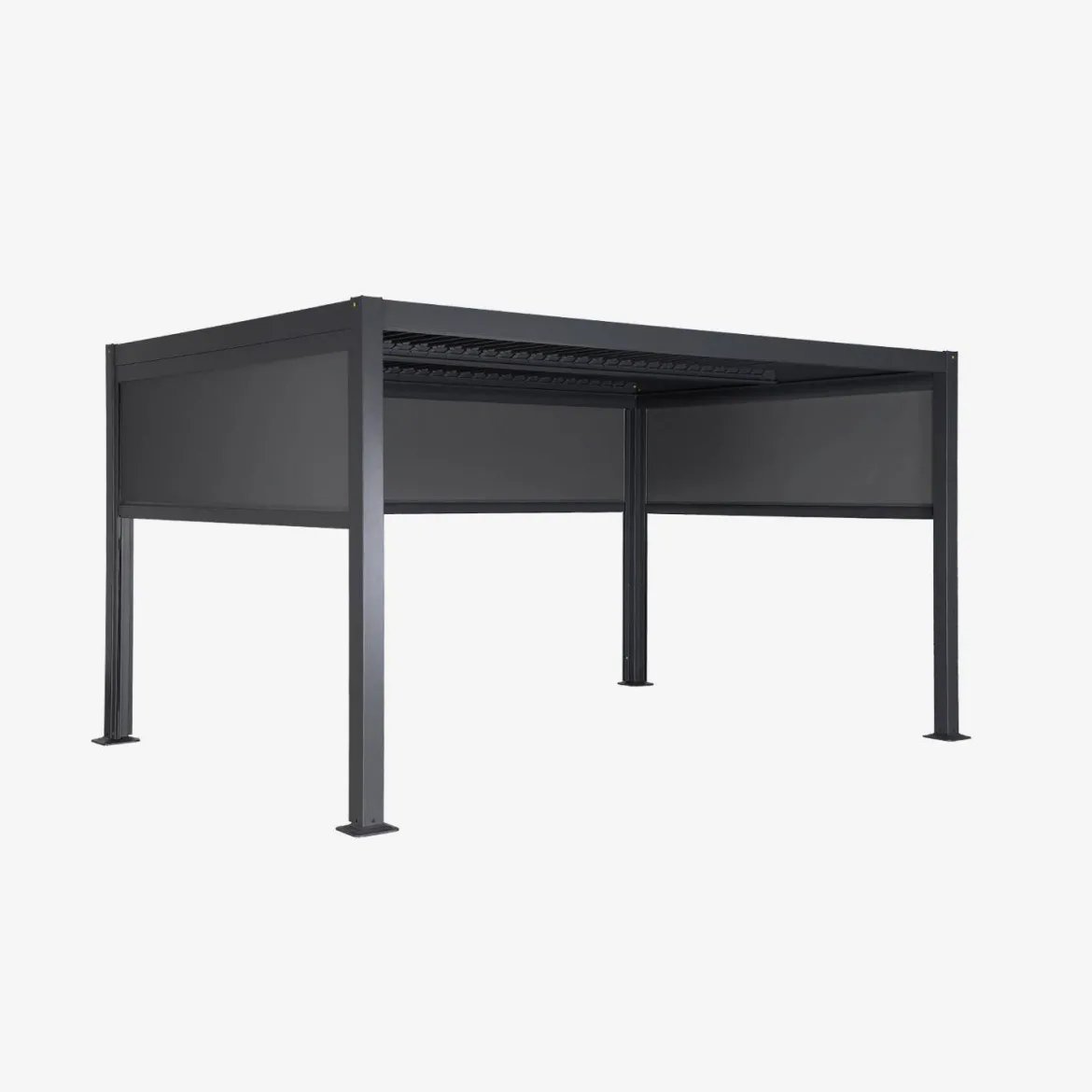 Pergola bioclimatica 3x4m in alluminio e acciaio + 2 tende 3m + 1 tenda 4m