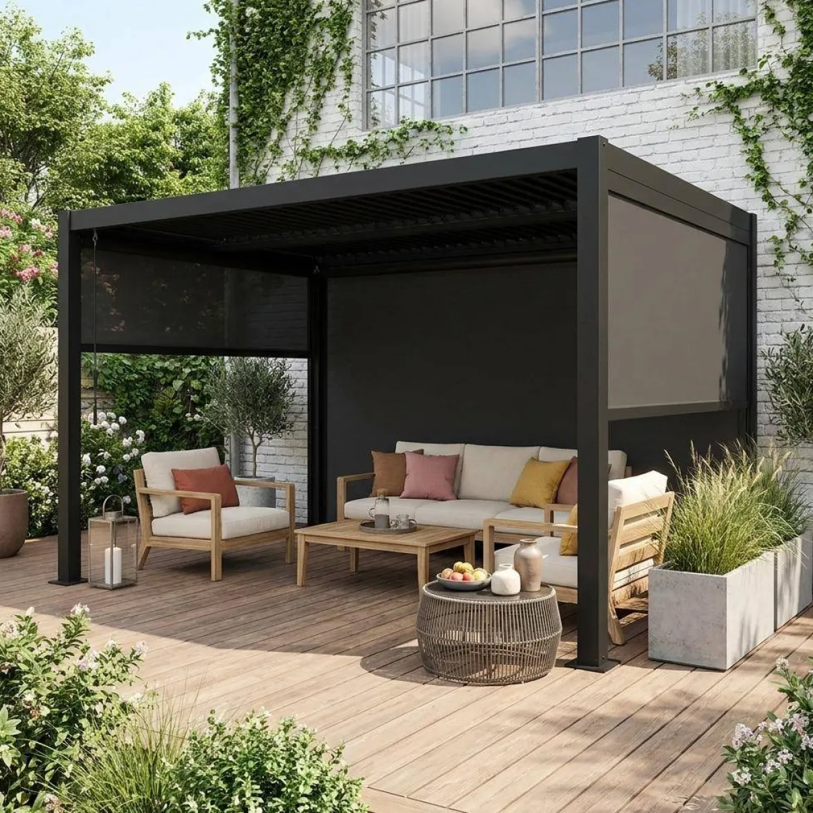 Pergola bioclimatica 3x4m in alluminio e acciaio + 2 tende 3m + 1 tenda 4m