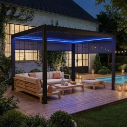 Pergola bioclimatica 3x4m in alluminio LED + tenda 3m + tenda 4m