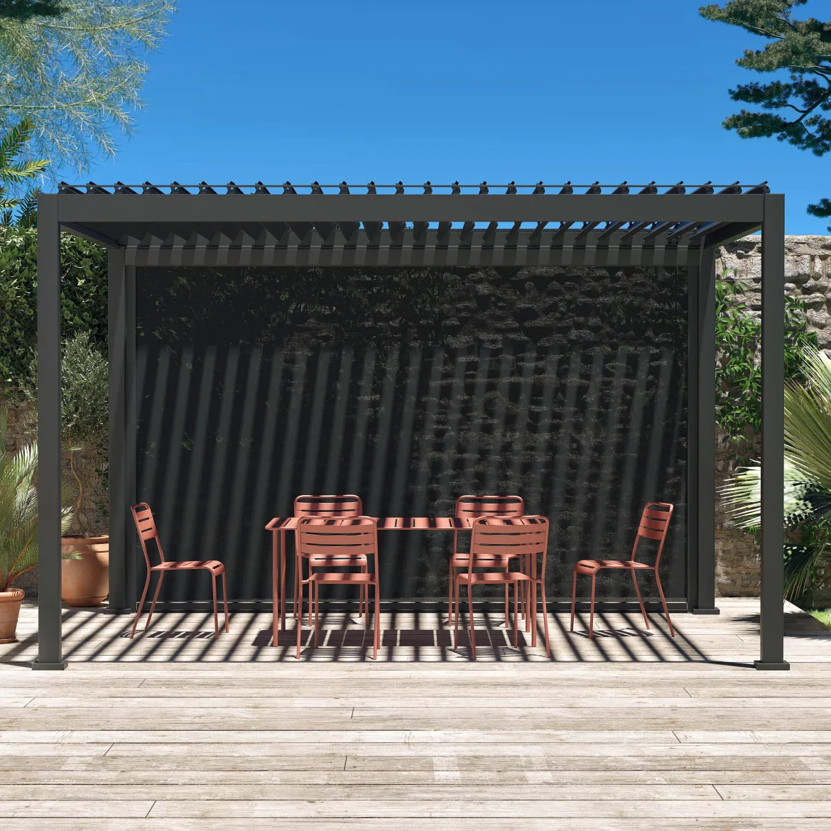 Pergola bioclimatica 3x4m in alluminio + tenda da sole 4m