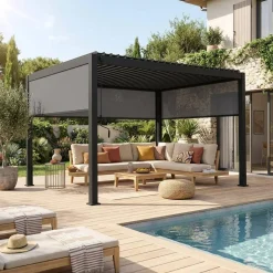 Pergola bioclimatica 3x4m in alluminio + 2 tende da 3m + 1 tenda da 4m