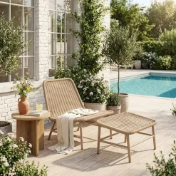 Poltrona da giardino e poggiapiedi in alluminio e corda