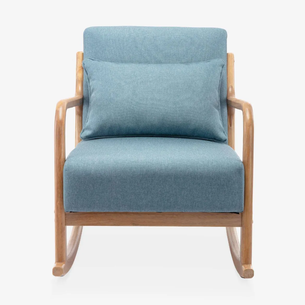 Poltrona scandinava a dondolo in legno e tessuto con braccioli