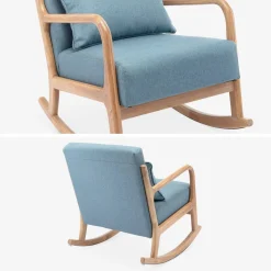 Poltrona scandinava a dondolo in legno e tessuto con braccioli