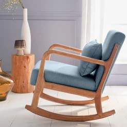 Poltrona scandinava a dondolo in legno e tessuto con braccioli