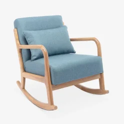 Poltrona scandinava a dondolo in legno e tessuto con braccioli