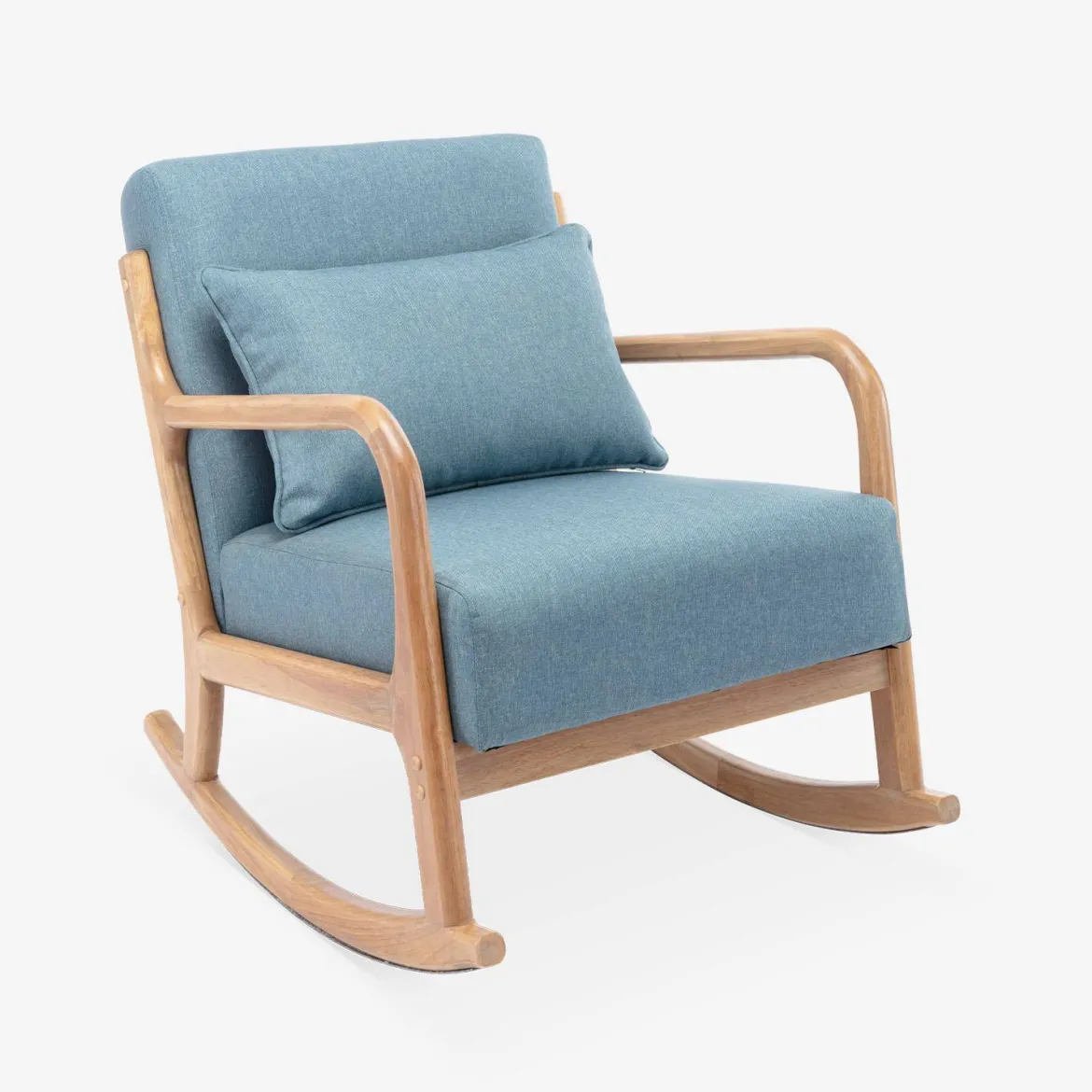 Poltrona scandinava a dondolo in legno e tessuto con braccioli