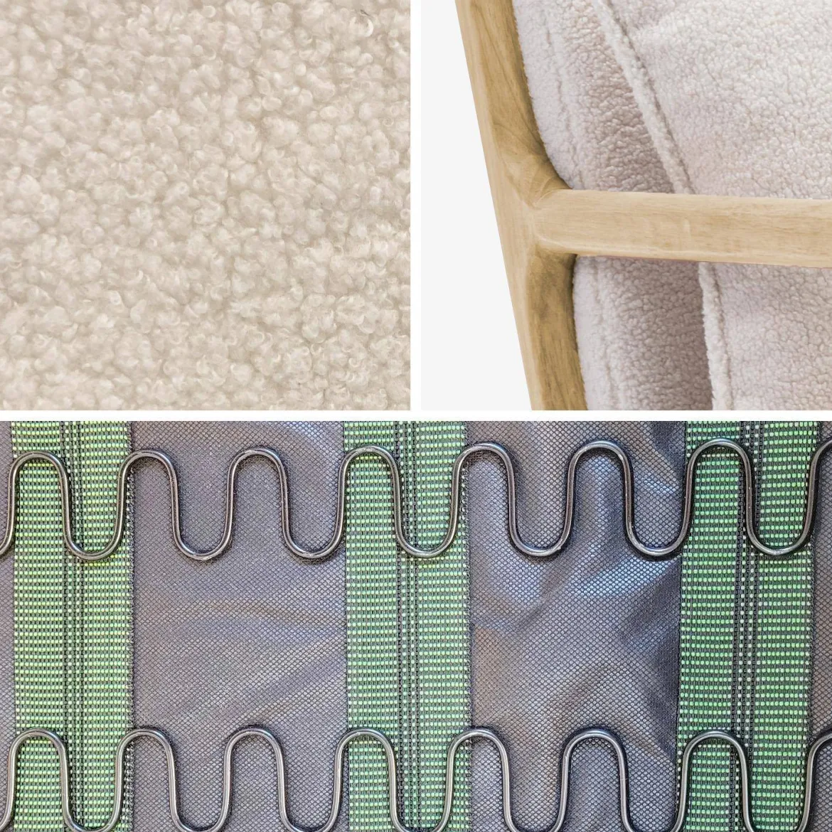 Poltrona scandinava a dondolo in legno e tessuto bouclé