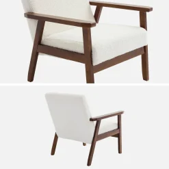 Poltrona scandinava bouclé in legno di hevea tinto noce chiaro