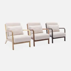 Poltrona scandinava in tessuto bouclé e legno di gomma scuro