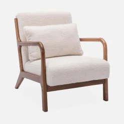 Poltrona scandinava in tessuto bouclé e legno di gomma scuro