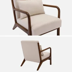 Poltrona scandinava in tessuto beige e legno di hevea
