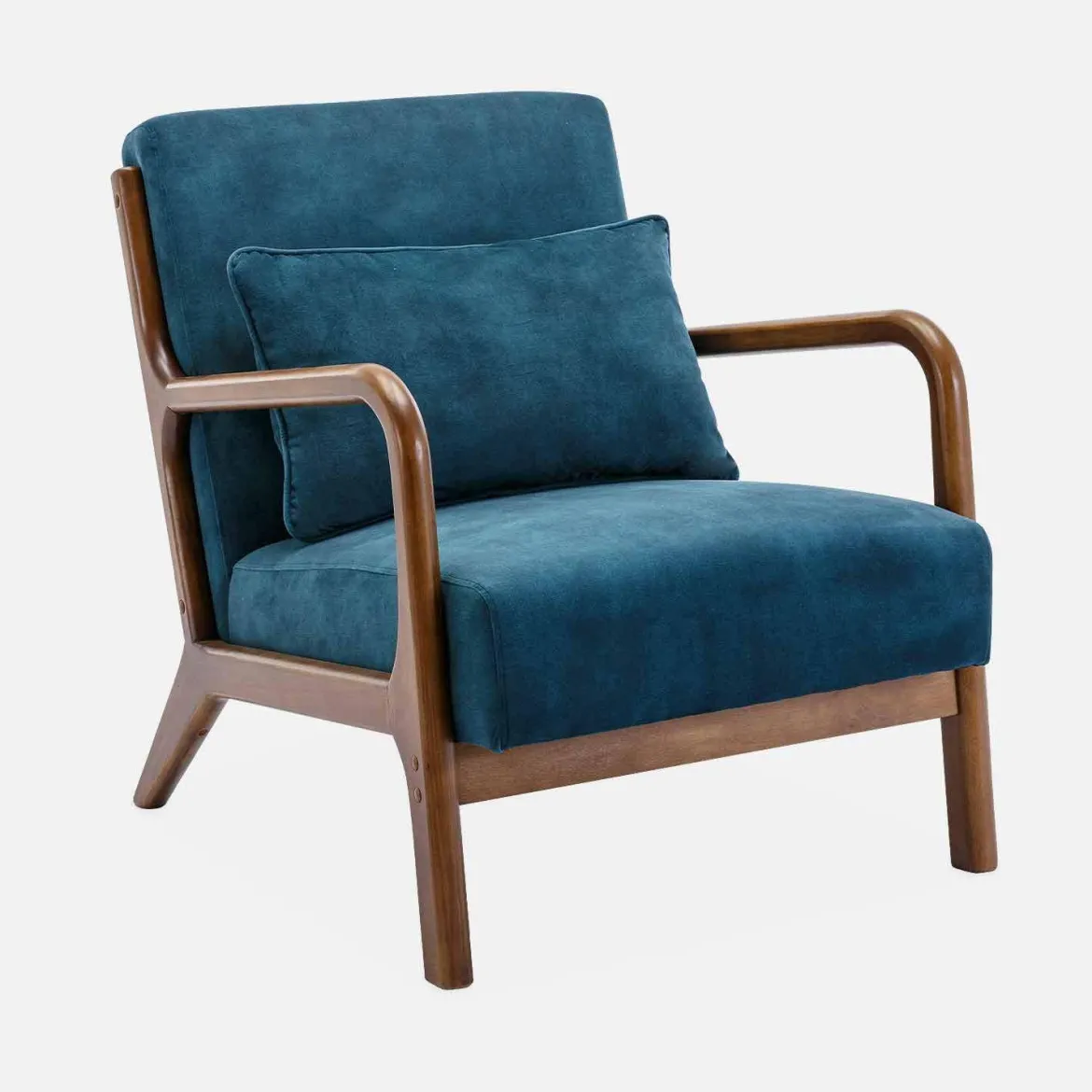 Poltrona scandinava in velluto e legno di hevea tinto noce scuro