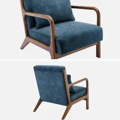 Poltrona scandinava in velluto e legno di hevea tinto noce scuro