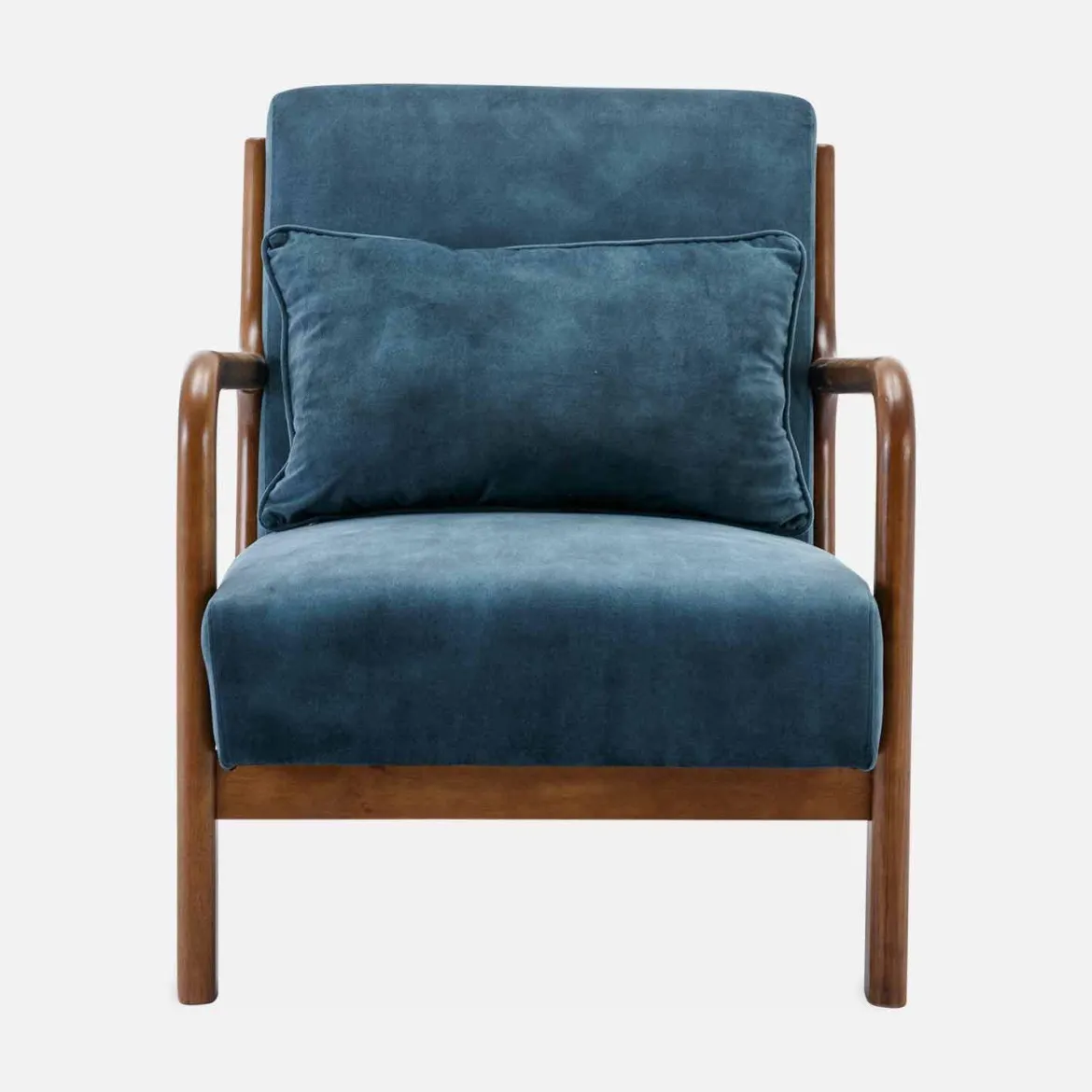 Poltrona scandinava in velluto e legno di hevea tinto noce scuro