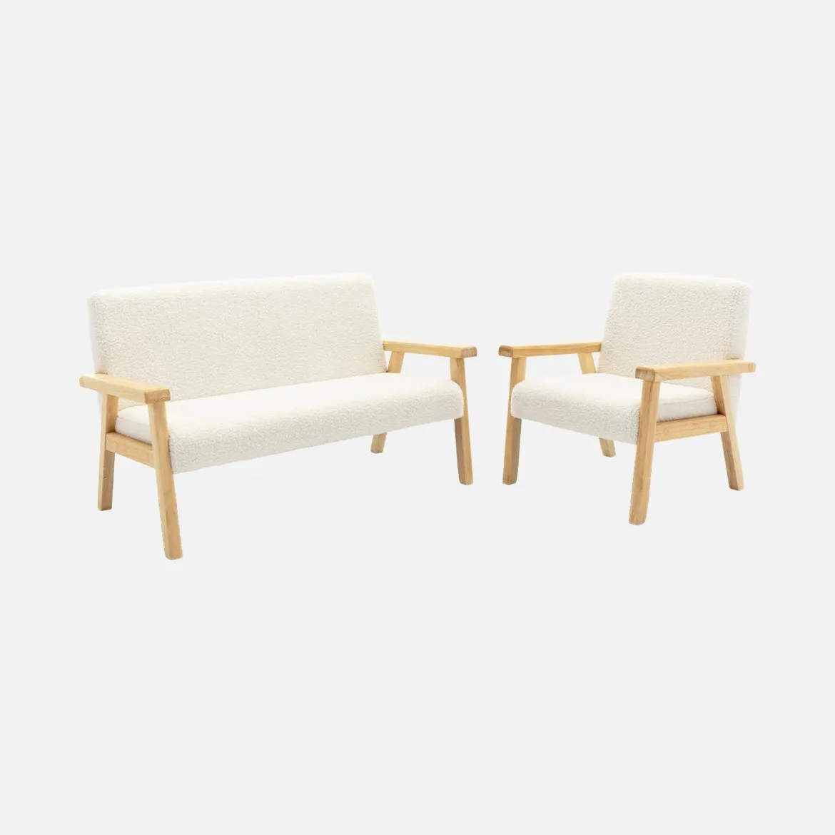 Poltrona scandinava per bambini in tessuto bouclé e legno di hevea