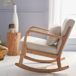 Poltrona scandinava a dondolo in legno e tessuto con braccioli